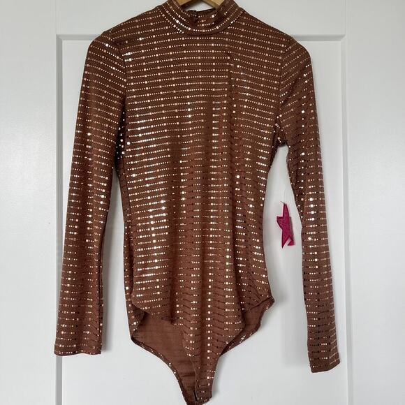 NWT Iris Knit Sequin Long Sleeve Mock Neck Bodysuit Mocha Heat Womens Size Large - Picture 3 of 11